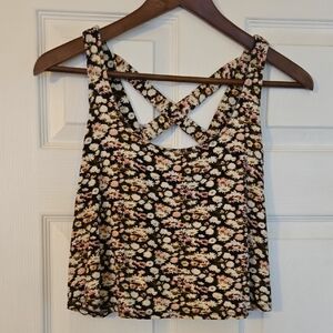 Forever 21 Floral Crossback Crop Top - Black and Cream